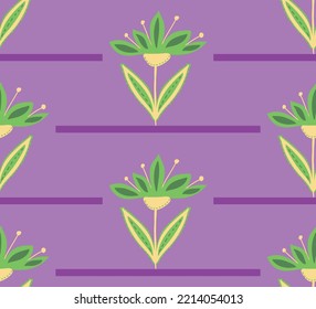 Abstract Hand Drawing Art Deco Folk Lotus Flowers Leaves and Horizontal Stripes Seamless Vector Pattern Isolated Background