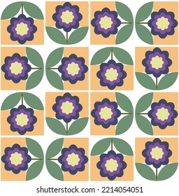 Abstract Hand Drawing Art Deco Retro Tile Geometric Squared Daisies and Leaves Seamless Vector Pattern Isolated Background