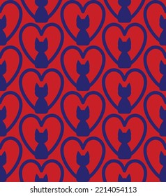 Abstract Hand Drawing Art Deco Heart Shaped Cats Seamless Vector Pattern Isolated Background