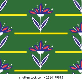 Abstract Hand Drawing Art Deco Folk Lotus Flowers Leaves and Horizontal Stripes Seamless Vector Pattern Isolated Background