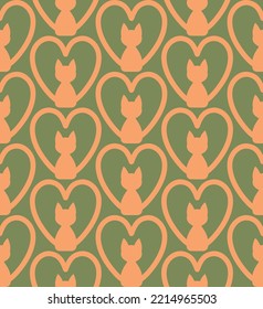 Abstract Hand Drawing Art Deco Heart Shaped Cats Seamless Vector Pattern Isolated Background