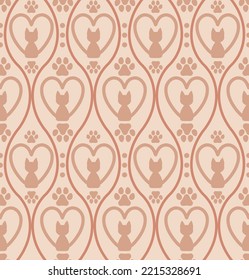 Abstract Hand Drawing Art Deco Spiral Lines and Heart Shaped Cats Seamless Vector Pattern Isolated Background