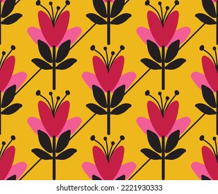 Abstract Hand Drawing Art Deco Tile Geometric Tulips and Leaves with Diagonal Lines Seamless Vector Pattern Isolated Background 