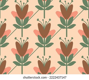 Abstract Hand Drawing Art Deco Tile Geometric Tulips and Leaves with Diagonal Lines Seamless Vector Pattern Isolated Background 