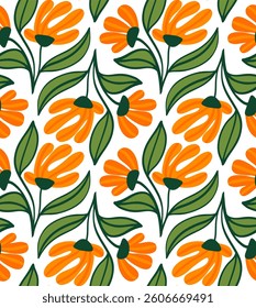 Abstract Hand Drawing Art Deco Flowers and Leaves Seamless Tile Vector Pattern Isolated Background