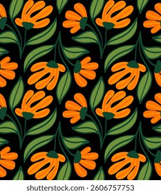 Abstract Hand Drawing Art Deco Flowers and Leaves Seamless Tile Vector Pattern Isolated Background