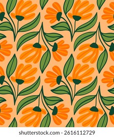 Abstract Hand Drawing Art Deco Flowers and Leaves Seamless Tile Vector Pattern Isolated Background