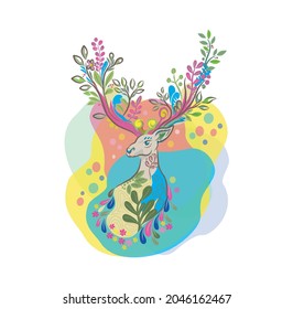 Abstract hand drawing art of the deer with flower, useful for wall art and home decor