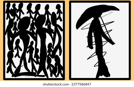 Abstract hand drawing artwork, silhouette of crowd of people and a person with an umbrella. Vector design.