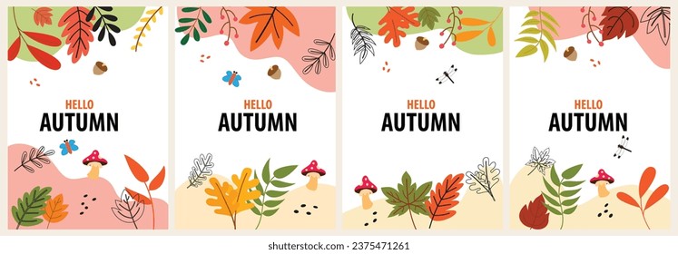 Abstract hand drawing autumn theme color leaves daragonfly butterfly mushrooms banner design. Vector illustration.