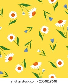 Abstract Hand Drawing Beautiful Daisy Camomile Flowers and Leaves Seamless Vector Pattern Isolated Background