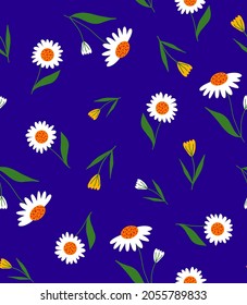 Abstract Hand Drawing Beautiful Daisy Camomile Flowers and Leaves Seamless Vector Pattern Isolated Background