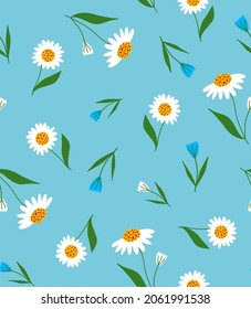 Abstract Hand Drawing Beautiful Daisy Camomile Flowers and Leaves Seamless Vector Pattern Isolated Background