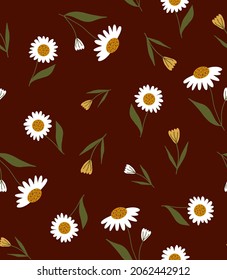 Abstract Hand Drawing Beautiful Daisy Camomile Flowers and Leaves Seamless Vector Pattern Isolated Background