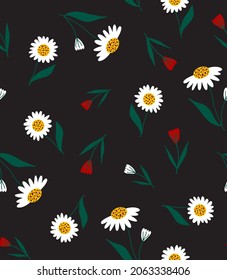Abstract Hand Drawing Beautiful Daisy Camomile Flowers and Leaves Seamless Vector Pattern Isolated Background