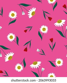 Abstract Hand Drawing Beautiful Daisy Camomile Flowers and Leaves Seamless Vector Pattern Isolated Background