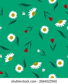 Abstract Hand Drawing Beautiful Daisy Camomile Flowers and Leaves Seamless Vector Pattern Isolated Background