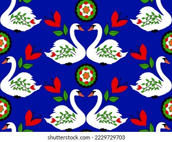 Abstract Hand Drawing Beautiful Ethnic Swans Tulips and Geometric Circles Seamless Vector Pattern Isolated Background