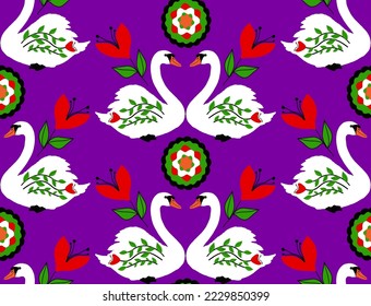 Abstract Hand Drawing Beautiful Ethnic Swans Tulips and Geometric Circles Seamless Vector Pattern Isolated Background