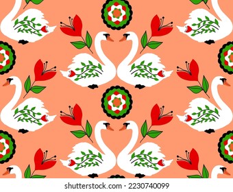 Abstract Hand Drawing Beautiful Ethnic Swans Tulips and Geometric Circles Seamless Vector Pattern Isolated Background