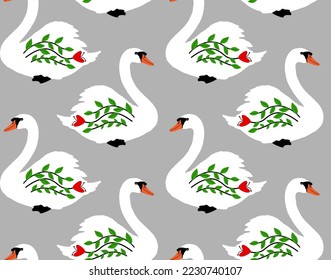 Abstract Hand Drawing Beautiful Ethnic Swans Seamless Vector Pattern Isolated Background