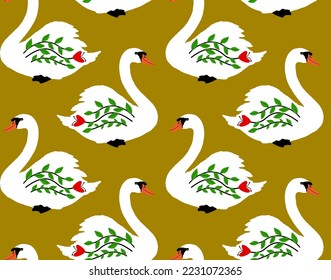 Abstract Hand Drawing Beautiful Ethnic Swans Seamless Vector Pattern Isolated Background