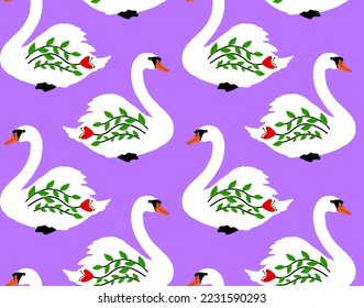 Abstract Hand Drawing Beautiful Ethnic Swans Seamless Vector Pattern Isolated Background