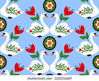 Abstract Hand Drawing Beautiful Ethnic Swans Tulips and Geometric Circles Seamless Vector Pattern Isolated Background