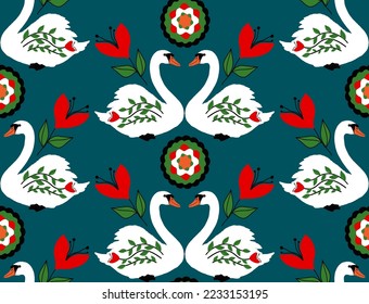 Abstract Hand Drawing Beautiful Ethnic Swans Tulips and Geometric Circles Seamless Vector Pattern Isolated Background