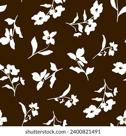 Abstract Hand Drawing Beautiful Spring Summer Ditsy Flowers and Leaves Seamless Vector Pattern Isolated Background