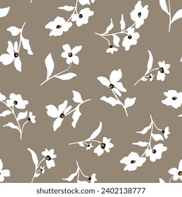 Abstract Hand Drawing Beautiful Spring Summer Ditsy Flowers and Leaves Seamless Vector Pattern Isolated Background