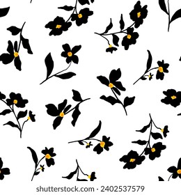 Abstract Hand Drawing Beautiful Spring Summer Ditsy Flowers and Leaves Seamless Vector Pattern Isolated Background