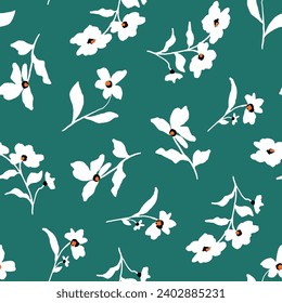 Abstract Hand Drawing Beautiful Spring Summer Ditsy Flowers and Leaves Seamless Vector Pattern Isolated Background