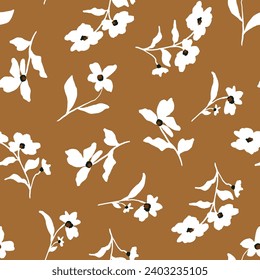 Abstracto Dibujo a mano Hermoso Primavera Verano Flores Ditsy y deja un patrón vectorial sin soldadura Fondo aislado