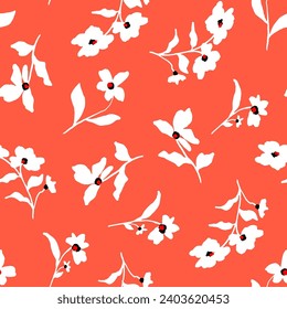 Abstract Hand Drawing Beautiful Spring Summer Ditsy Flowers and Leaves Seamless Vector Pattern Isolated Background