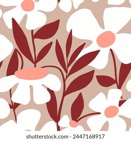 Abstract Hand Drawing Beautiful Spring Summer Large Flowers and Leaves Seamless Vector Pattern Isolated Background