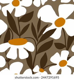 Abstract Hand Drawing Beautiful Spring Summer Large Flowers and Leaves Seamless Vector Pattern Isolated Background