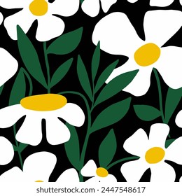 Abstract Hand Drawing Beautiful Spring Summer Large Flowers and Leaves Seamless Vector Pattern Isolated Background