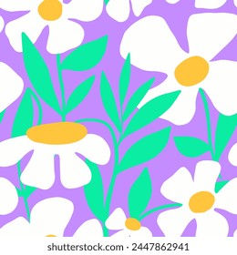Abstract Hand Drawing Beautiful Spring Summer Large Flowers and Leaves Seamless Vector Pattern Isolated Background