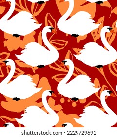 Abstract Hand Drawing Beautiful Swans Seamless Vector Pattern with Flowers and Leaves Isolated Background