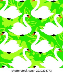 Abstract Hand Drawing Beautiful Swans Seamless Vector Pattern with Flowers and Leaves Isolated Background