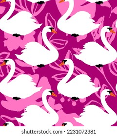 Abstract Hand Drawing Beautiful Swans Seamless Vector Pattern with Flowers and Leaves Isolated Background