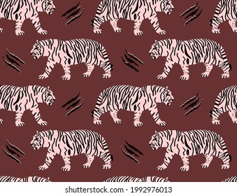 Abstract Hand Drawing Bengal Tigers and Scratches Seamless Vector Pattern Isolated Background 