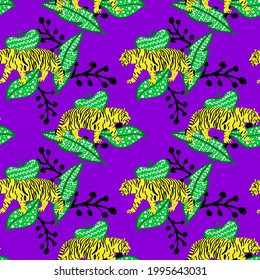 Abstract Hand Drawing Bengal Tigers and Leaves Seamless Vector Pattern Isolated Background  