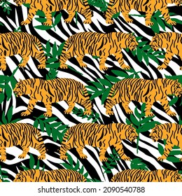 Abstract Hand Drawing Bengal Tigers and Tropical Leaves Seamless Vector Pattern with Striped Background