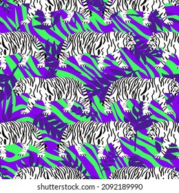Abstract Hand Drawing Bengal Tigers and Tropical Leaves Seamless Vector Pattern with Striped Background