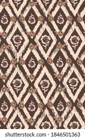 Abstract Hand Drawing Boho Ethnic Ikat Diamond Shapes with Roses Repeating Vector Pattern Isolated Background 