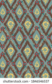 Abstract Hand Drawing Boho Ethnic Ikat Diamond Shapes with Roses Repeating Vector Pattern Isolated Background 