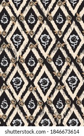 Abstract Hand Drawing Boho Ethnic Ikat Diamond Shapes with Roses Repeating Vector Pattern Isolated Background 