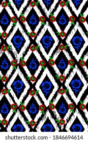 Abstract Hand Drawing Boho Ethnic Ikat Diamond Shapes with Roses Repeating Vector Pattern Isolated Background 